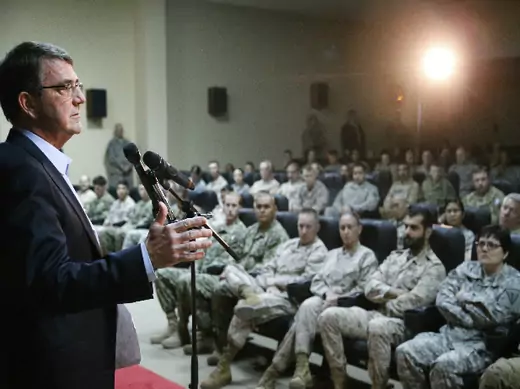 U.S. Secretary of Defense Ash Carter delivers remarks to troops at Camp Arifjan, Kuwait February 23, 2015 (Ernst/Courtesy Reuters).