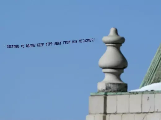 An aerial banner reading "Doctors to Obama: Keep #TPP Away from Our Medicines!" flies above New York in January 2015. The banner was sponsored by the international medical humanitarian organization Médecins Sans Frontières, or Doctors Without Borders, which has argued that the Trans-Pacific Partnership could restrict access to affordable generic medicines in developing countries.