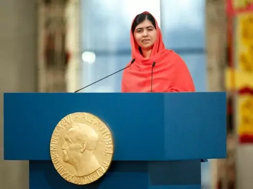 Nobel Peace Prize laureate Malala Yousafzai delivers a speech during the Nobel Peace Prize awards ceremony at the City Hall in Oslo, Norway, on December 10, 2014 (Cornelius Poppe/Reuters/NTB Scanpix/Pool).