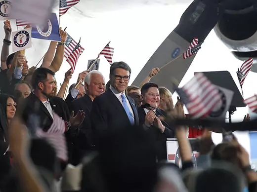 Republican presidential candidate Perry acknowledges supporters after formally announcing candidacy for president in Addison, Texas