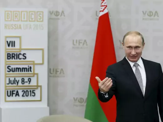 Russian President Vladimir Putin gestures during a meeting ahead of the BRICS summit in Ufa, Russia, on July 8, 2015.