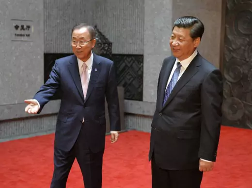 United Nations Secretary-General Ban Ki-moon meets Chinese President Xi Jinping at the fourth summit of the Conference on Interaction and Confidence Building Measures in Asia (CICA) in Shanghai, China, on May 19, 2014.