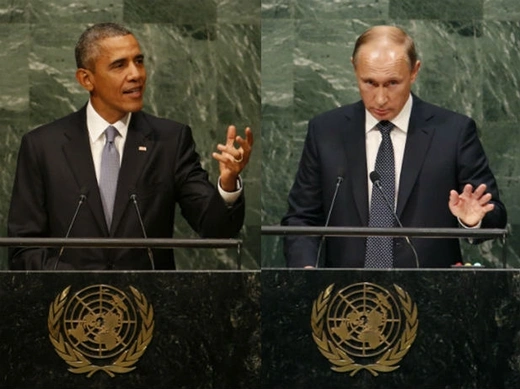 U.S. President Barack Obama and Russian President Vladimir Putin address the United Nations General Assembly on September 28, 2015.