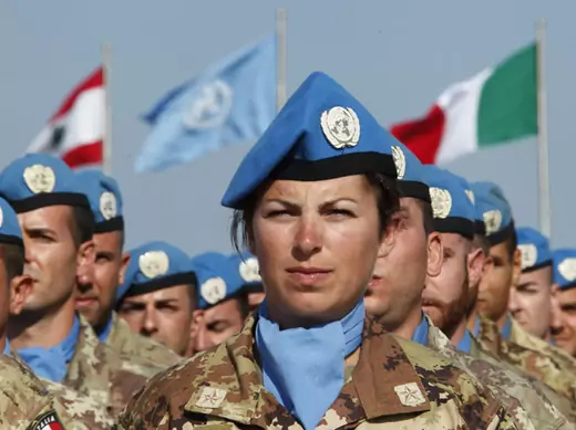 Italian UN peacekeepers stand as honour guards during a visit by Italian Foreign Minister Terzi di Sant'Agata to the Italian UNIFIL base in Shamaa village