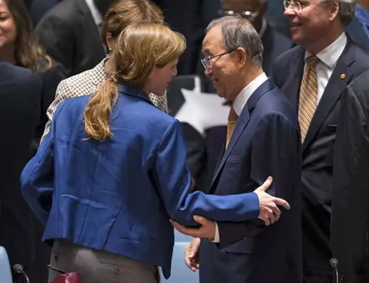 U.S. Ambassador to the United Nations Samantha Power greets United Nations Secretary-General Ban Ki-moon before a meeting of the United Nations Security Council on Women, Peace and Security at U.N. headquarters in New York