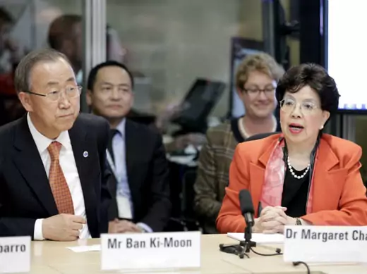 UN Secretary-General Ban Ki-moon and WHO Director-General Margaret Chan attend a meeting at the WHO headquarters in Geneva, Switzerland, during the height of the Ebola crisis on October 1, 2014.