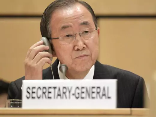 United Nations Secretary-General Ban Ki-moon addresses the sixty-fifth session of the UNHCR's Executive Committee meeting in Geneva, Switzerland, on October 1, 2014.