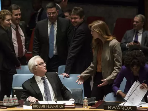 U.S. Ambassador to the United Nations Samantha Power speaks with her Russian counterpart, Vitaly Churkin, before the UN Security Council votes on a resolution—which Russia goes on to veto—regarding the Ukrainian crisis on March 15, 2014.