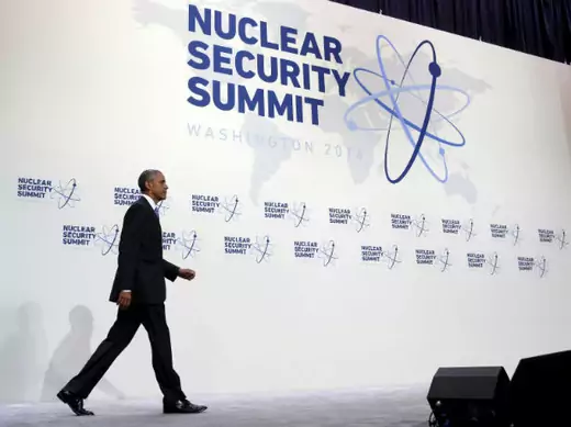 U.S. President Barack Obama walks onstage for his press conference at the conclusion of the Nuclear Security Summit in Washington, DC, on April 1, 2016.