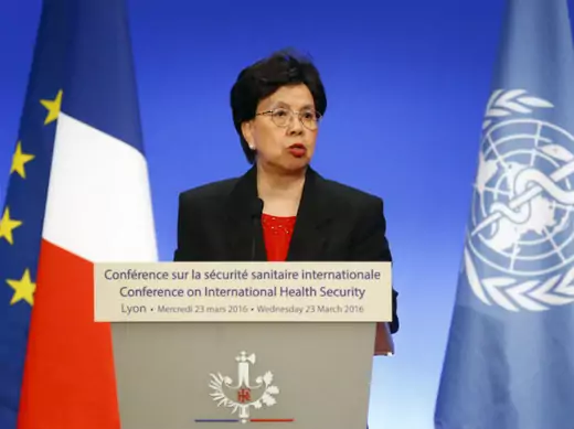 World Health Organization Director-General Margaret Chan delivers a speech during a summit on health and sanitary security in Lyon, France, on March 23, 2016.