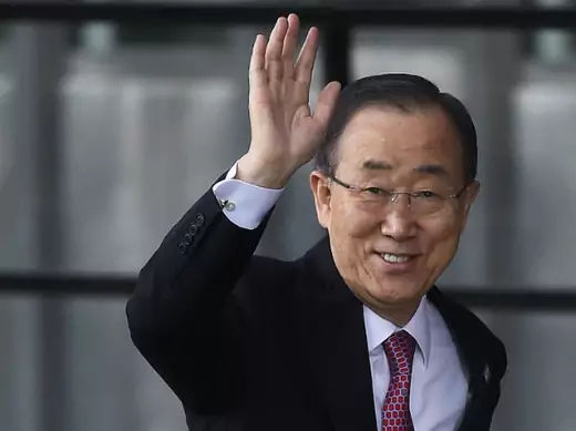 United Nations Secretary General Ban Ki-moon waves as he arrives at the donors Conference for Syria in London, Britain February 4, 2016.