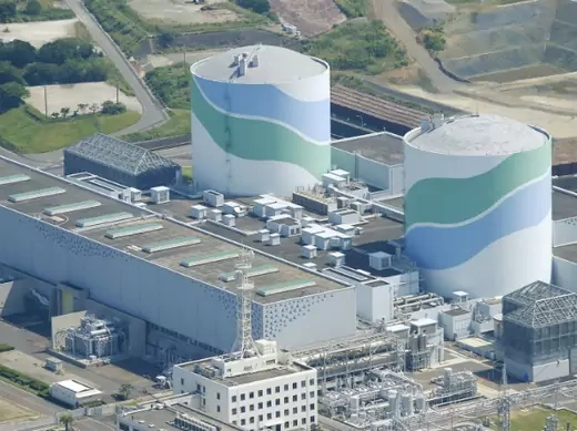 An aerial view of the No.1 and No.2 reactor buildings at Kyushu Electric Power's Sendai nuclear power station, the only two units operating in Japan (Reuters/Kyodo TPX).