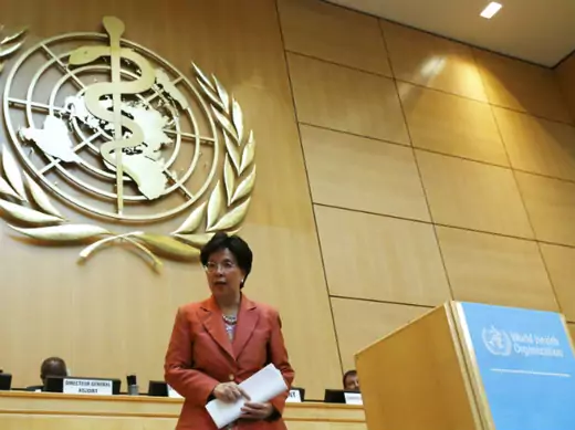World Health Organization (WHO) Director-General Margaret Chan leaves the podium after her speech at the sixty-ninth World Health Assembly in Geneva, Switzerland, on May 23, 2016.