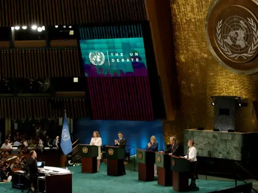 Candidates vying to become the next United Nations secretary-general debate in the UN General Assembly in New York on July 12, 2016. From left to right are Natalia Gherman, Vuk Jeremic, Susana Malcorra, António Guterres, and Vesna Pusic.