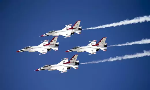 F-16 U.S. Air Force Thunderbirds fly in formation during a media day ahead of the Los Angeles County Air Show in Lancaster