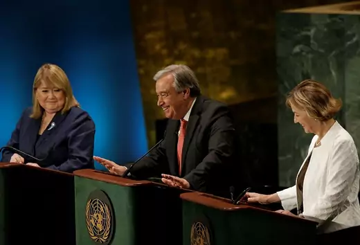 Former U.N. High Commissioner for Refugees Antonio Guterres speaks during a debate in the United Nations General Assembly between candidates vying to be the next U.N. Secretary General at U.N. headquarters in New York
