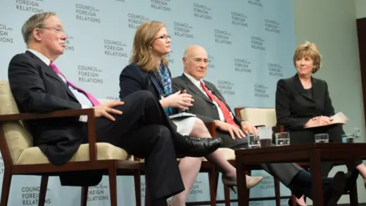 Photo of C. Fred Bergsten, Alyssa Ayres, Joseph S. Nye Jr., and Elisabeth Bumiller