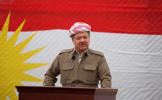 Kurdistan Regional Government President Masoud Barzani visits a town recently recaptured from the Islamic State.
