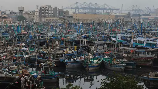 Fishing boats anchored at Karachi Fish Harbor after a severe cyclone warning, October 29, 2014.
