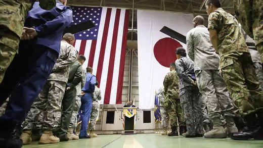Former U.S. Defense Secretary Leon Panetta addresses U.S. and Japanese forces at Yokota Air Base outside of Tokyo, October 24, 2011. 