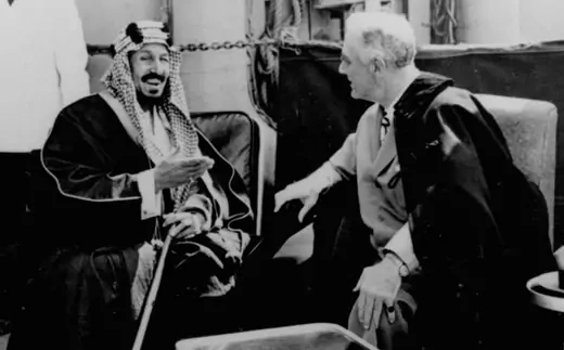 U.S. President Franklin D. Roosevelt and King Abdul Aziz Ibn Saud in discussion aboard the USS Quincy north of Suez, Egypt, on February 14, 1945. AP