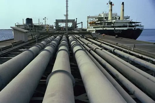 A view of the pipes and a tanker on Kharg jetty in Iran, the largest in the world, July 1971. Horst Faas/AP