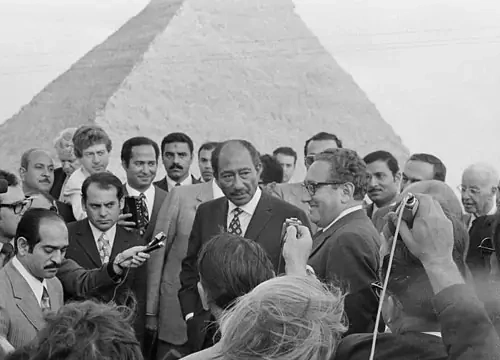 Egyptian President Anwar Sadat and U.S. Secretary of State Henry Kissinger during a press conference, February 28, 1974. AP