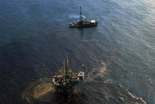 The drilling platform that spilled 200,000 gallons of crude oil near Santa Barbara, California, February 1969. Vernon Merritt III/Getty