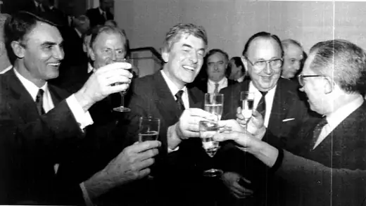 European leaders from Portugal, Germany, France, and the Netherlands celebrate with champagne after the signing of the Draft Treaty on European Union. Jerry Lampan/Reuters