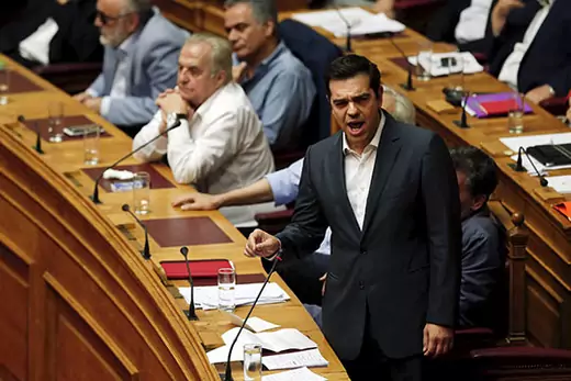Prime Minister Alexis Tsipras exhorts the Greek parliament to approve a sweeping package of austerity measures in a speech ahead of the vote on July 16, 2015. Alkis Konstantinidis/Reuters