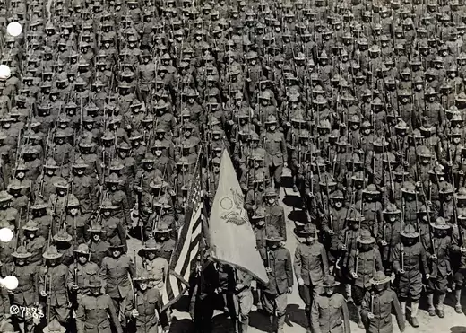 U.S. soldiers of the 82nd Division stand in formation at Camp Gordon, Georgia in 1917