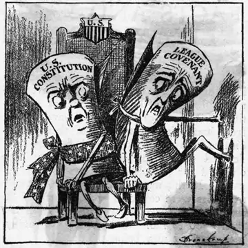 A political cartoon depicts the battle against the League of Nations. Bettmann/Corbis