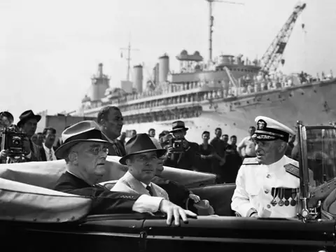 Democratic President Franklin D. Roosevelt and Philadelphia Democratic Party Chairman John B. Kelly tour the Philadelphia Navy Yard in 1940. Bettmann/Corbis