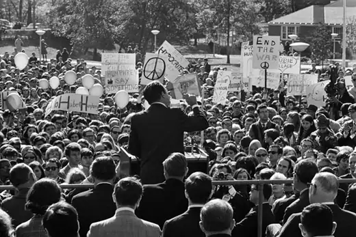 Democratic presidential candidate Hubert H. Humphrey talks to a crowd with anti-war protesters in Teaneck, New Jersey, in 1968. Bettmann/Corbis
