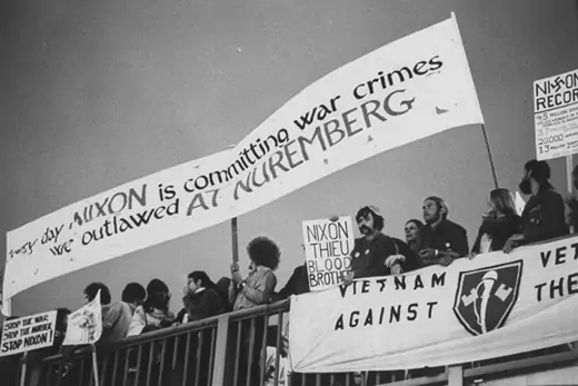 Anti-war protestors outside a campaign fundraising event for President Richard Nixon's reelection in 1972. Dirck Halstead/Getty
