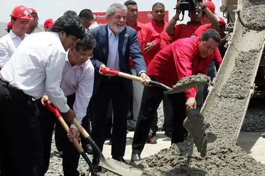 The Bolivian and Brazilian presidents and Chavez at a plant opening. AP Images/Leslie Mazoch