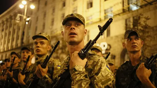 Ukrainian soldiers take part in a rehearsal for the Independence Day military parade, in the center of Kiev. 