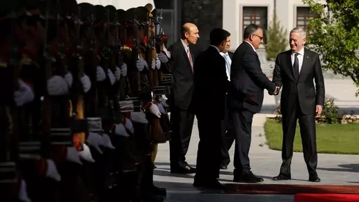 U.S. secretary of defense James Mattis is greeted by Presidential Palace staff in Kabul, Afghanistan as he prepares to meet Afghan president Ashraf Ghani in April 2017.