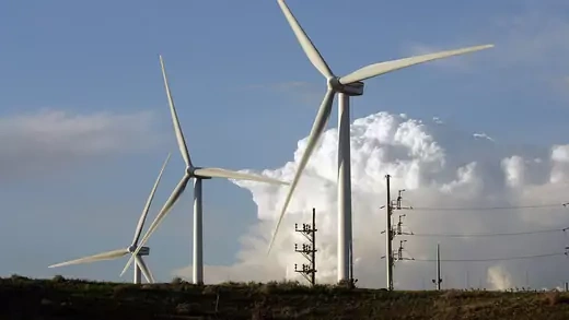 A installation of four wind generators operate alongside Interstate 25 ten miles south of Pueblo, Colorado.