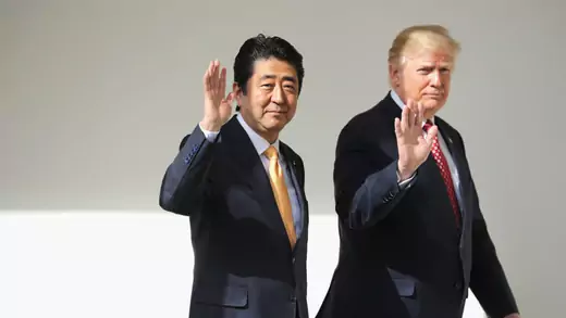 U.S. President Donald Trump and Japan Prime Minister Shinzo Abe walk to their joint press conference at the White House on February 10, 2017.