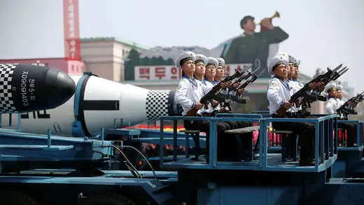 Military vehicles display missiles during a parade to commemorate the 105th anniversary of country’s founding father Kim Il-sung, Pyongyang, April 15, 2017. 