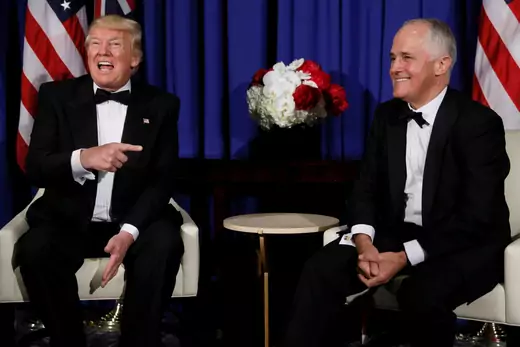 U.S. President Donald Trump and Australia's Prime Minister Malcolm Turnbull deliver brief remarks to reporters as they meet ahead of an event commemorating the 75th anniversary of the Battle of the Coral Sea, aboard the USS Intrepid Sea, Air and Space Museum in New York, U.S. May 4, 2017. (Jonathan Ernst/Reuters)