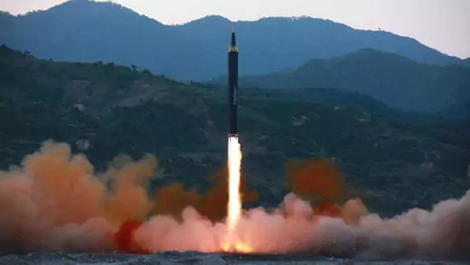 A long-range strategic ballistic rocket is launched during a test in this photo released by North Korea's Korean Central News Agency on May 15, 2017.