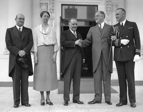 President Roosevelt and first lady Eleanor Roosevelt greet Alberto J. Pani, Mexico's minister of finance as he begins trade conferences between the two nations, May 1933. AP