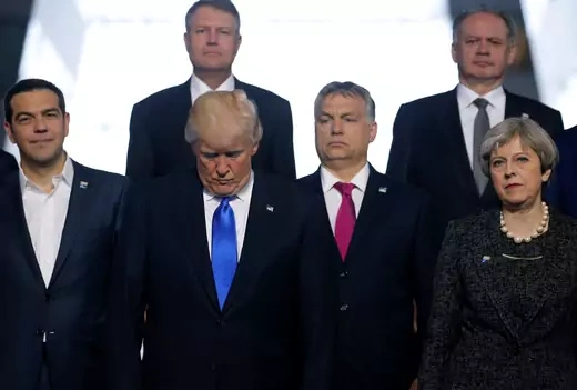 From left, Greek Prime Minister Alexis Tsipras, U.S. President Donald J. Trump, Hungarian Prime Minister Voktor Orban, and UK Prime Minister Theresa May pose for a photo during the NATO summit in Brussels, Belgium, on May 25, 2017. (Jonathan Ernst/Reuters)