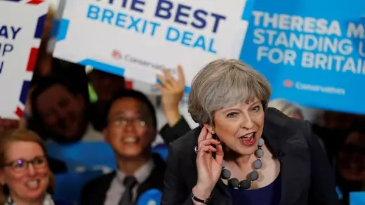 British prime minister Theresa May reacts at a campaign event in Britain on June 1, 2017.