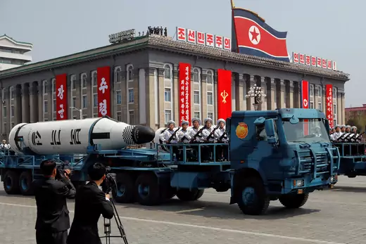 A North Korean navy truck carries the 'Pukkuksong' submarine-launched ballistic missile (SLBM) during a military parade marking the 105th birthday anniversary of the country's founding father, Kim Il-sung in Pyongyang, April 15, 2007.