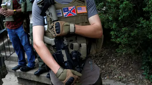 A militia member rallies in Charlottesville.