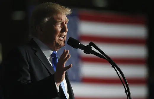 President Donald Trump addresses troops at Fort Myer.