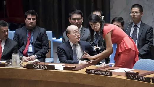 Ambassador to the United Nations Nikki Haley speaks to the Chinese delegation at a UN Security Council meeting in April
